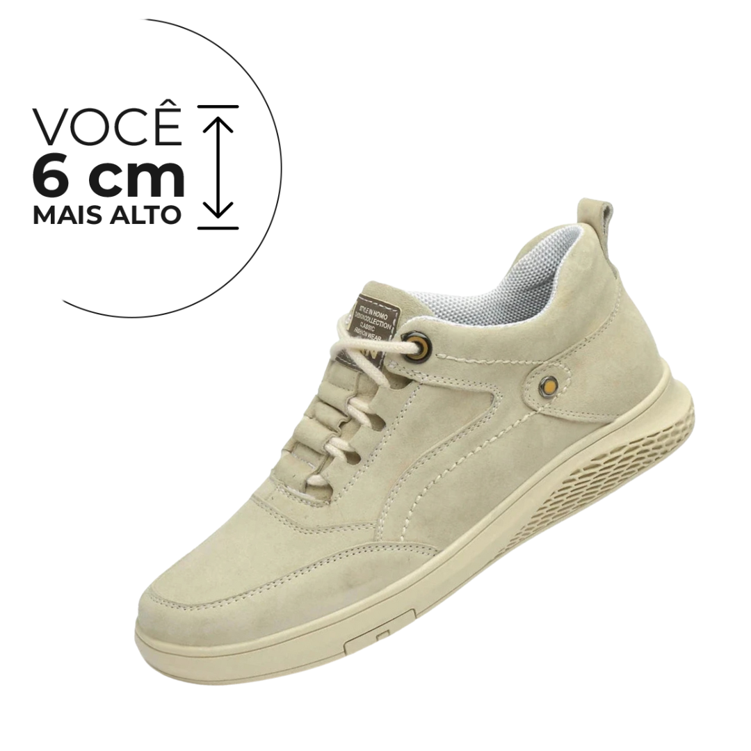 Tênis Casual Prisma - Aumenta Altura 6cm - Couro - Bege - Masculino
